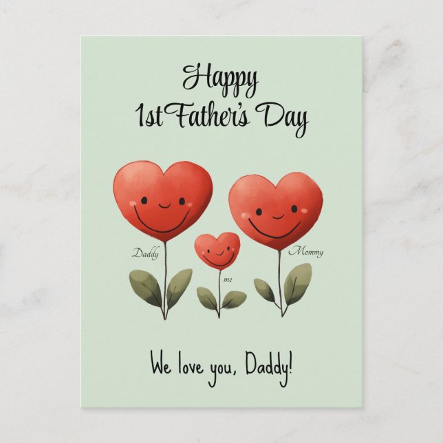 Happy 1st Father's Day, Baby & Mummy Card, Custom Postcard (Front)