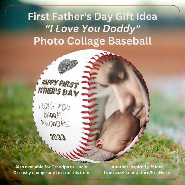 Happy 1st Fathers Day Daddy Photo Collage Keepsake Baseball (Happy First Father's Day I Love You Daddy [Baby's Name] {Year] 2-Photo Collage Baseball Keepsake)
