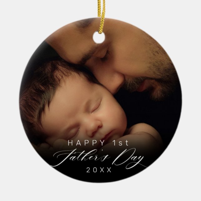 Happy 1st Father's Day Elegant Script Photo Ceramic Tree Decoration (Front)