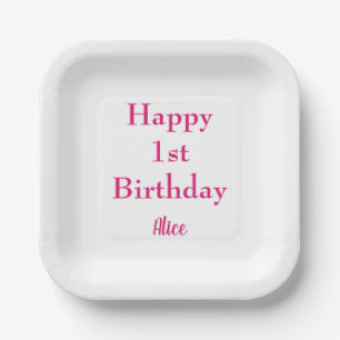Happy 1st First Birthday Pink White Custom Name Paper Plate