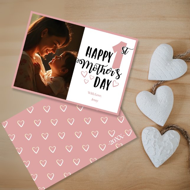 Happy 1st Mother’s Day in Pink with Hearts & Photo Holiday Card (Happy 1st Mother’s Day in Pink with Hearts & Photo Holiday Card)