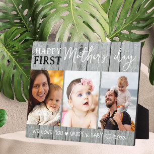 Happy 1st Mother's Day 3 Photo Collage Grey Wood  Plaque