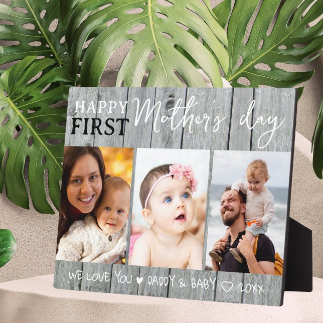 Happy 1st Mother's Day 3 Photo Collage Grey Wood  Plaque (Happy 1st Mother's Day 3 Photo Collage Gray Wood Plaque
)