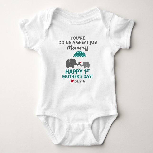 Happy 1st Mothers Day Elephant Baby Bodysuit (Front)