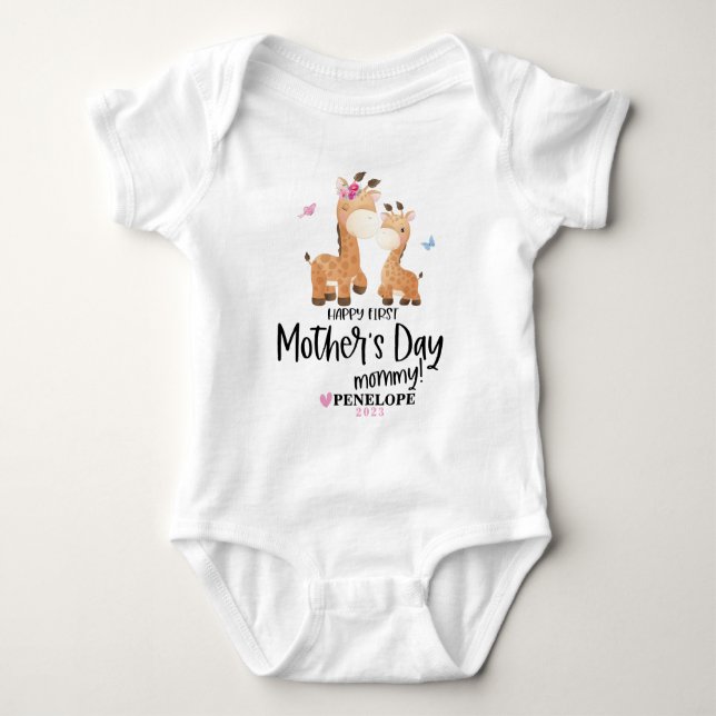 Happy 1st Mothers Day Giraffe Baby Bodysuit + Name (Front)