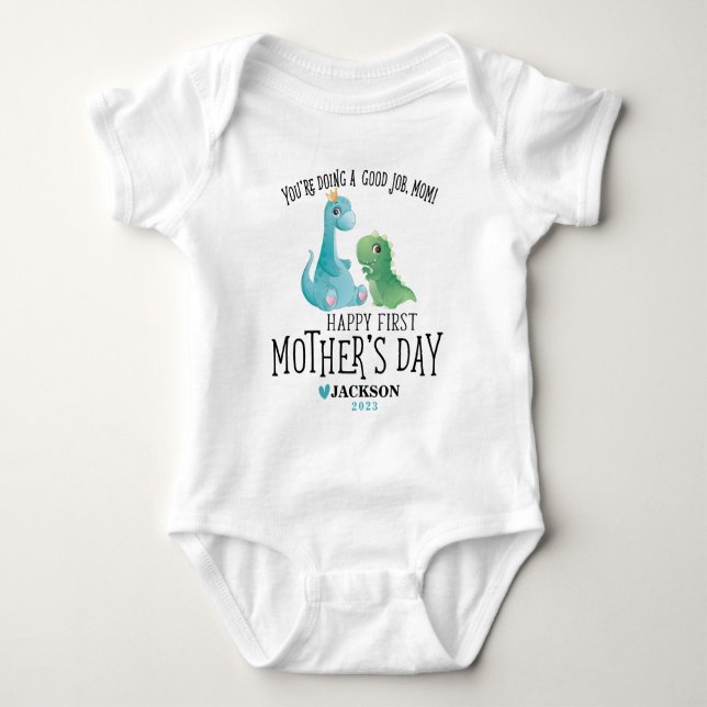 Happy 1st Mothers Day With Name Dinosaurs Print Baby Bodysuit (Front)