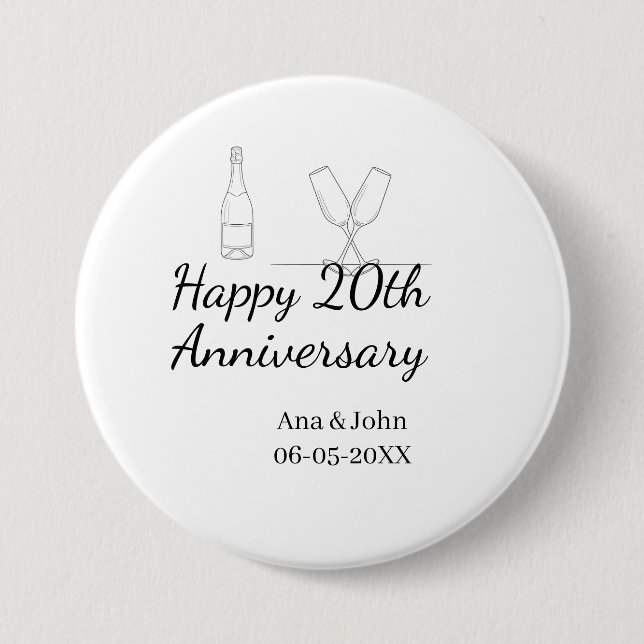 Happy 20th anniversary champagne bottle glass name 7.5 cm round badge (Front)