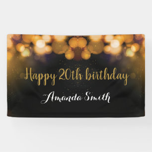 Happy 20th Birthday Banner. Black and Gold Glitter Banner