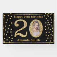 Happy 20th Birthday Banner Black and Gold Photo