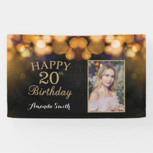 Happy 20th Birthday Banner. Gold Glitter Photo Banner