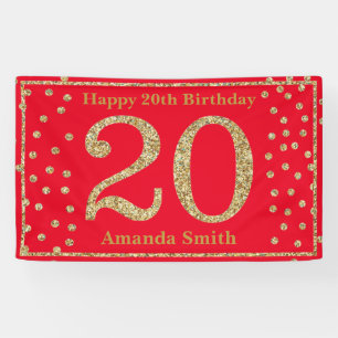 Happy 20th Birthday Banner Red and Gold Glitter