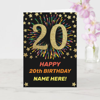 Happy 20th Birthday Black & Gold Rainbow Firework Card