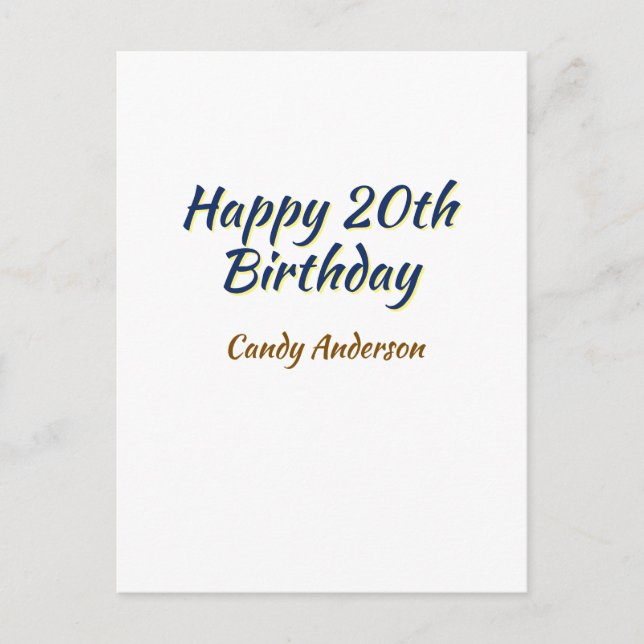 happy 20th birthday blue yellow simple minimal dat postcard (Front)