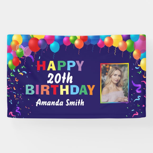 Happy 20th Birthday Colorful Balloons Navy Blue Banner (Horizontal)