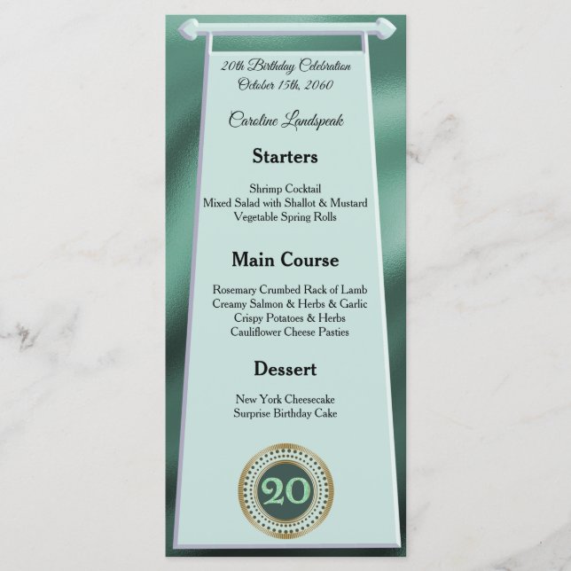 Happy 20th Birthday Green Glitter Foil Menu (Front)