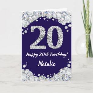 Happy 20th Birthday Navy Blue and Silver Glitter Card