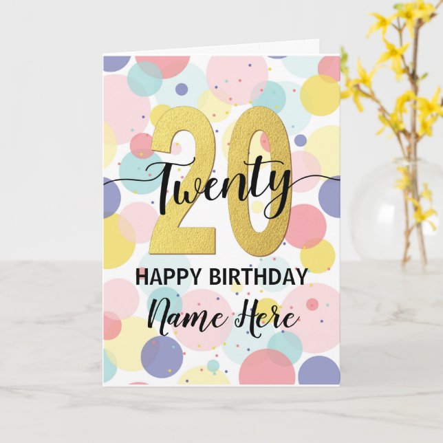 Happy 20th Birthday Pastel Rainbow and Gold Girl Card (Yellow Flower)