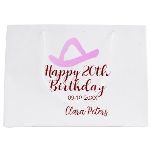 Happy 20th birthday pink cowboy girl name date sim large gift bag