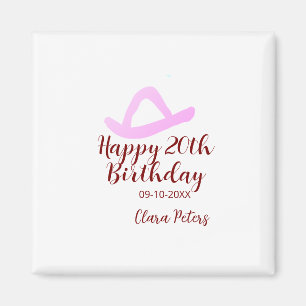 Happy 20th birthday pink cowboy girl name date sim magnet