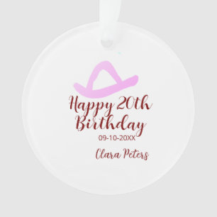 Happy 20th birthday pink cowboy girl name date sim ornament