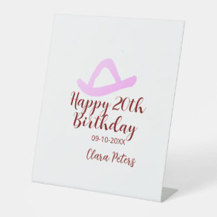 Happy 20th birthday pink cowboy girl name date sim pedestal sign