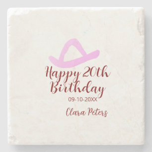 Happy 20th birthday pink cowboy girl name date sim stone coaster