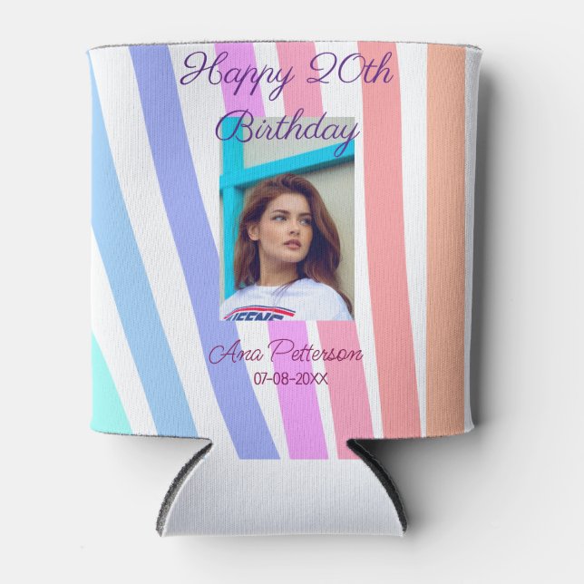 Happy 20th Birthday rainbow rustic boho lines phot Can Cooler (Front)