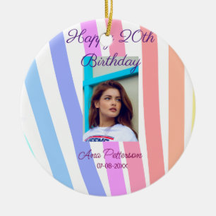 Happy 20th Birthday rainbow rustic boho lines phot Ceramic Tree Decoration