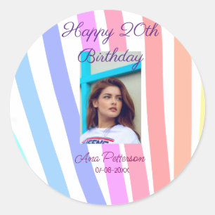 Happy 20th Birthday rainbow rustic boho lines phot Classic Round Sticker