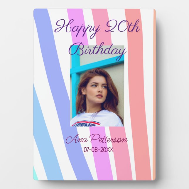 Happy 20th Birthday rainbow rustic boho lines phot Plaque (Front)