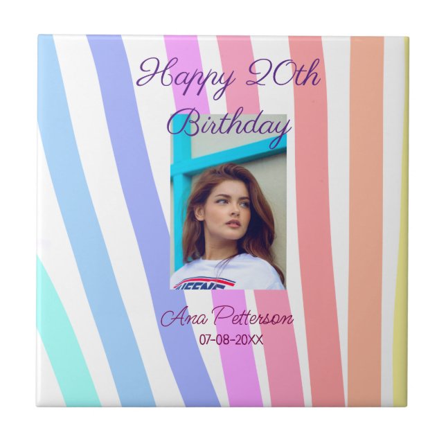 Happy 20th Birthday rainbow rustic boho lines phot Tile (Front)