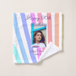 Happy 20th Birthday rainbow rustic boho lines phot Wash Cloth