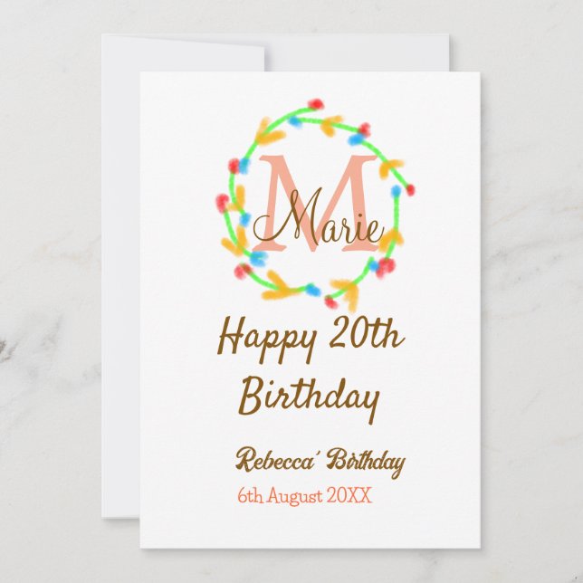 Happy 20th Birthday red add name monogram wreath Invitation (Front)