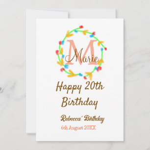 Happy 20th Birthday red add name monogram wreath Invitation