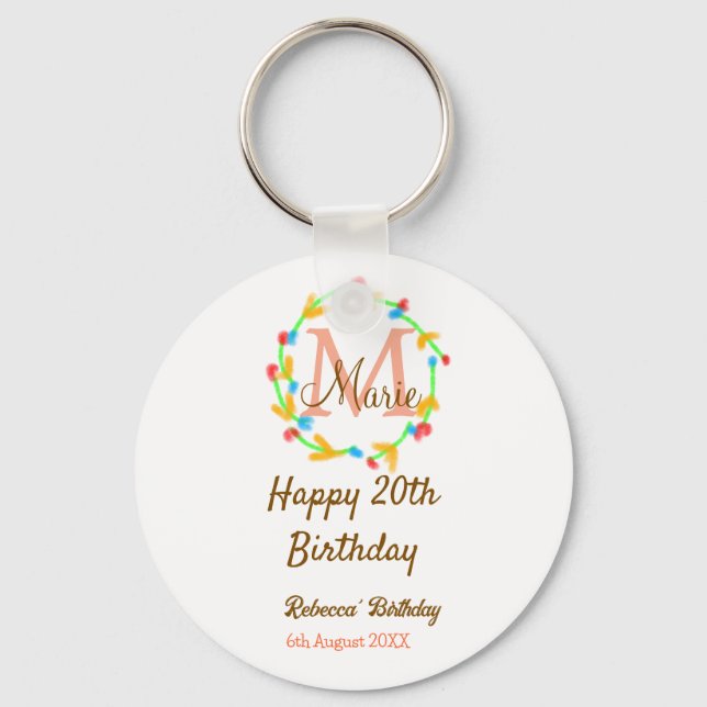 Happy 20th Birthday red add name monogram wreath Key Ring (Front)