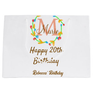 Happy 20th Birthday red add name monogram wreath Large Gift Bag