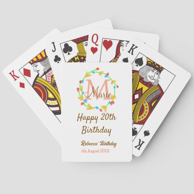 Happy 20th Birthday red add name monogram wreath Playing Cards (Back)