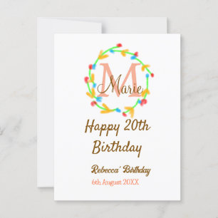 Happy 20th Birthday red add name monogram wreath Postcard