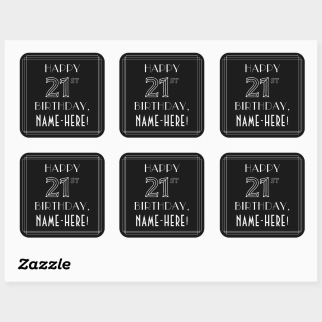 HAPPY 21ST BIRTHDAY; Art Deco Style; Custom Name Square Sticker (Sheet)