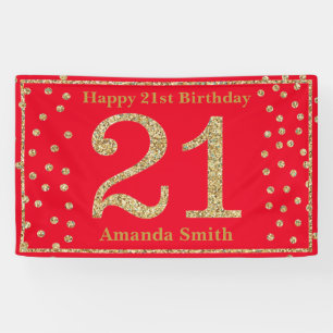 Happy 21st Birthday Banner Red and Gold Glitter