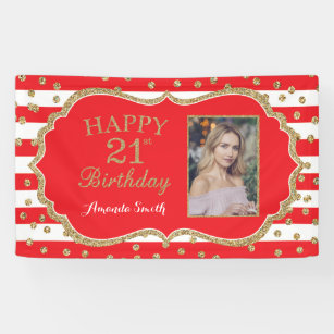 Happy 21st Birthday Banner Red Gold Glitter Photo