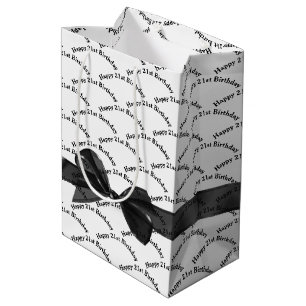 Happy 21st Birthday Black Bow On White Medium Gift Bag