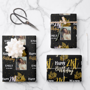 Happy 21st Birthday Black Gold Foliage Photo Wrapping Paper Sheet