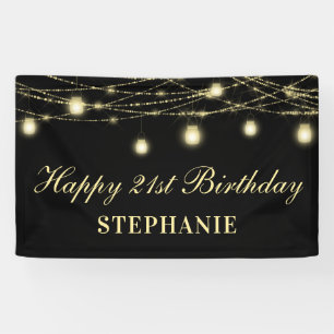 Happy 21st Birthday Black Gold Lights Mason Jars Banner