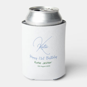Happy 21st birthday blue add name monogram modern can cooler