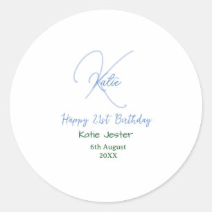 Happy 21st birthday blue add name monogram modern classic round sticker