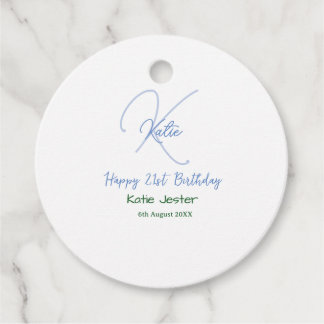 Happy 21st birthday blue add name monogram modern favour tags