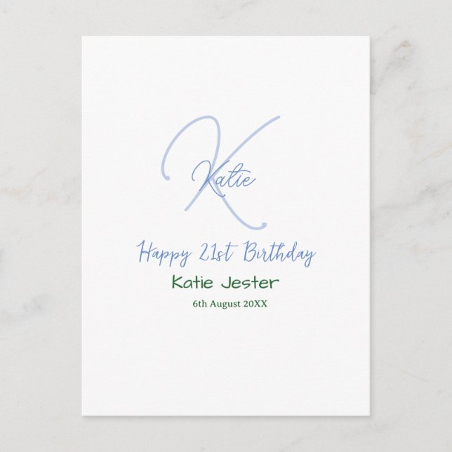 Happy 21st birthday blue add name monogram modern postcard (Front)