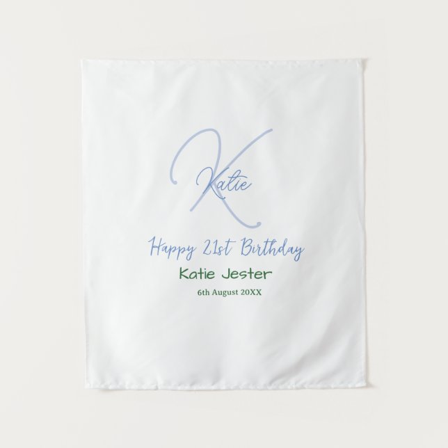 Happy 21st birthday blue add name monogram modern tapestry (Front)