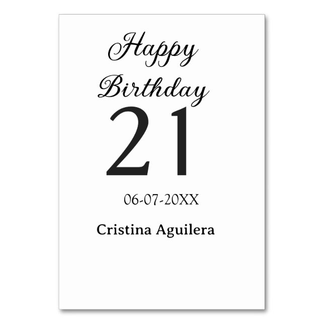 Happy 21st birthday bold letter simple name minima table number (Front)